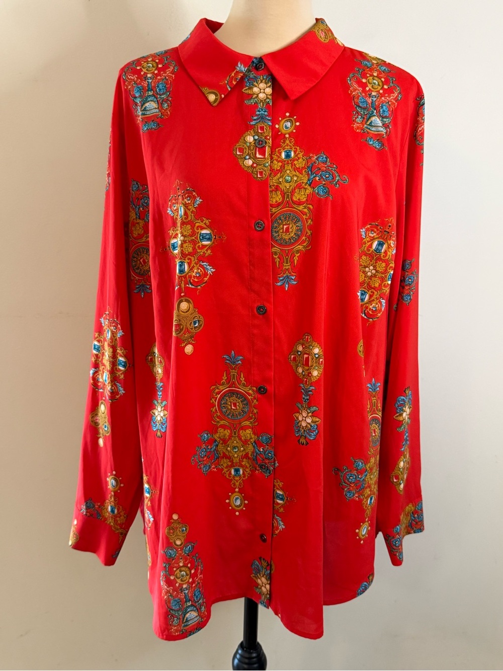 Motto ornate festive red long sleeve button up blouse Plus SZ 22W